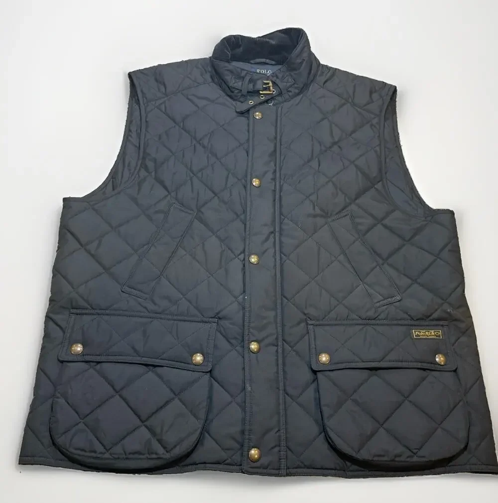 Polo Ralph Lauren Club Quilted Vest Mens Black Gold Hardware Sz XL